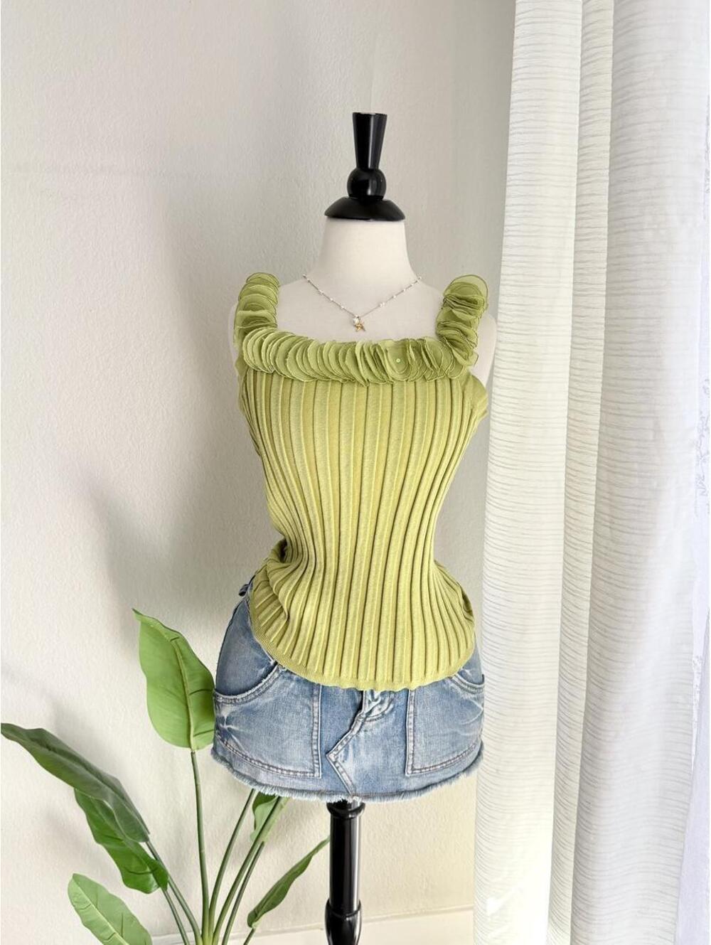 Evie Pistachio Silk Blend Ruffle Knit Tank
